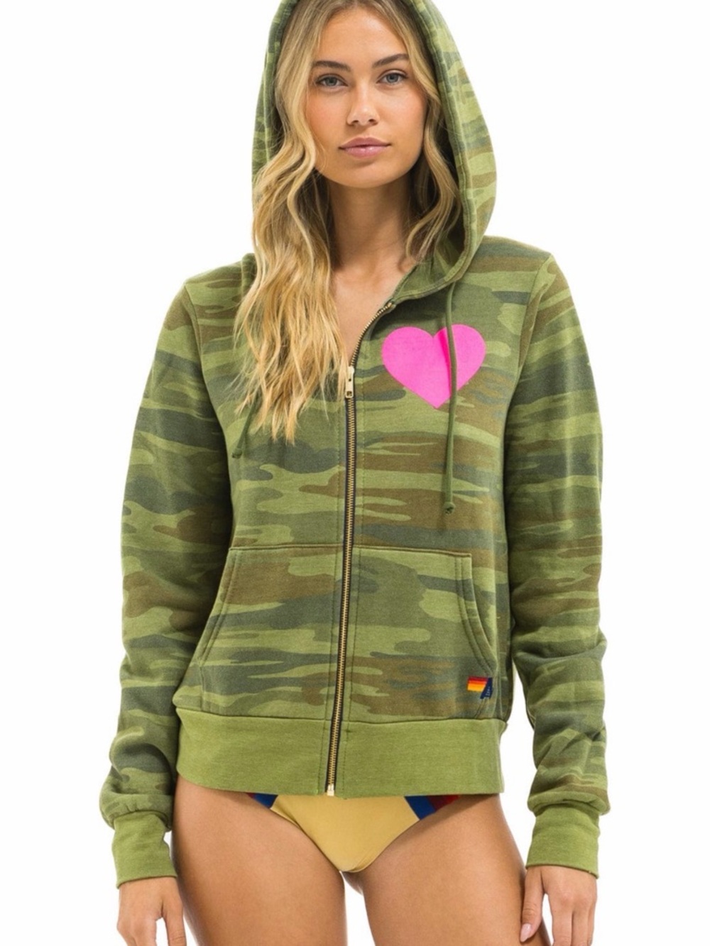 NWT Aviator Nation Camo Zip-Up Hoodie with Pink Heart